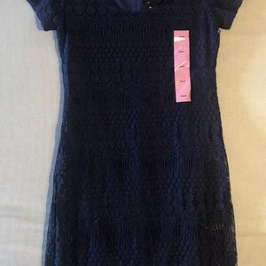 Tiana B Sz Small NWT Navy Blue Short Sleeve Lined Lace Dress Stretchy